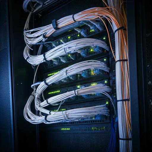 Cableado de red estructurado y ordenado en un rack de servidores con iluminación azul