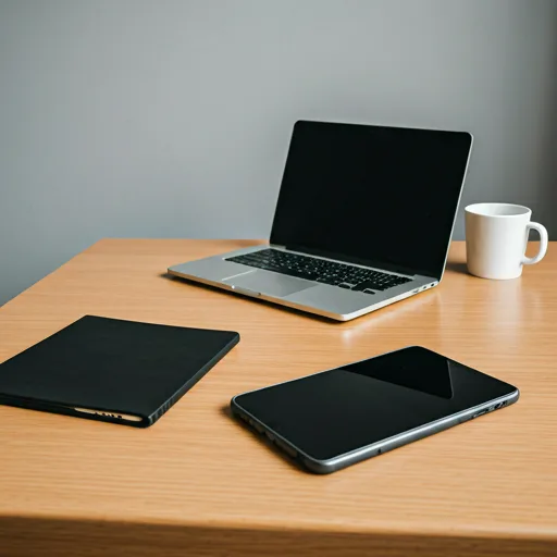 clean minimalist home office setup with laptop and smart devices