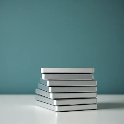 Varios discos externos plateados apilados prolijamente sobre un escritorio minimalista